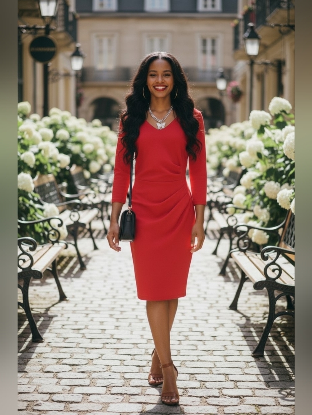 NYDJ Red Draped V Neck Bodycon Midi Dress 3/4 Sleeve Women's Size 8